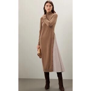 Naadam Wool Cashmere Sweater Dress Size M Tan Midi Asymmetric Hem New Money